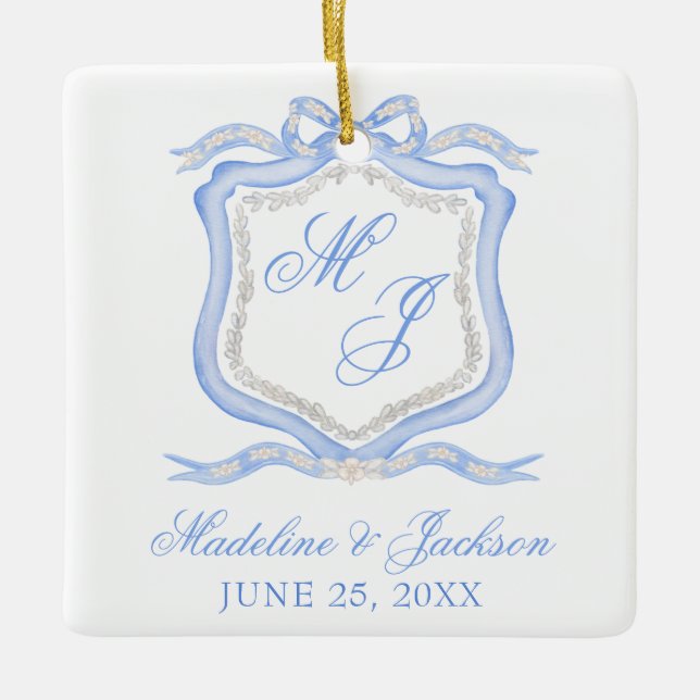 Watercolor Designer Blue Monogram Crest Ceramic Ornament (Front)