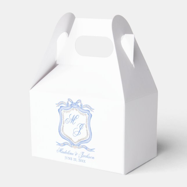 Watercolor Designer Blue Monogram Crest Wedding Favor Box (Front Side)