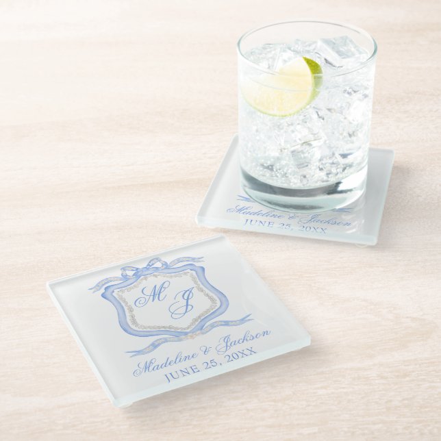 Watercolor Designer Blue Monogram Crest Wedding Glass Coaster (Angled)