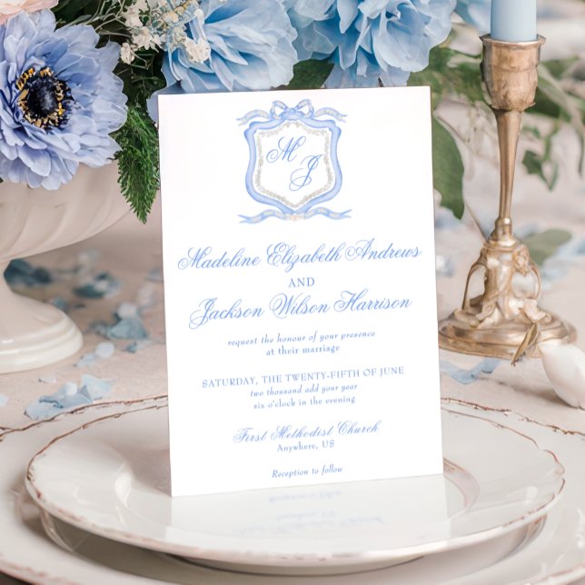 Watercolor Designer Blue Monogram Crest Wedding Invitation (Creator Uploaded)