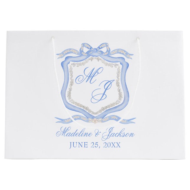 Watercolor Designer Blue Monogram Crest Wedding Large Gift Bag (Front)