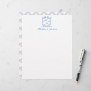 Watercolor Designer Blue Monogram Crest Wedding Letterhead