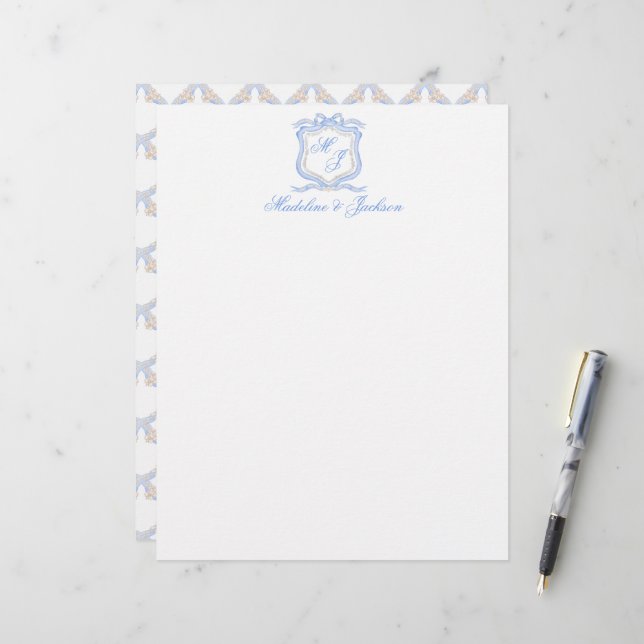 Watercolor Designer Blue Monogram Crest Wedding Letterhead (Front/Back In Situ)