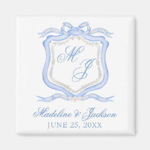 Watercolor Designer Blue Monogram Crest Wedding Magnet