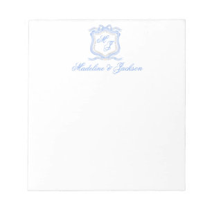 Watercolor Designer Blue Monogram Crest Wedding Notepad