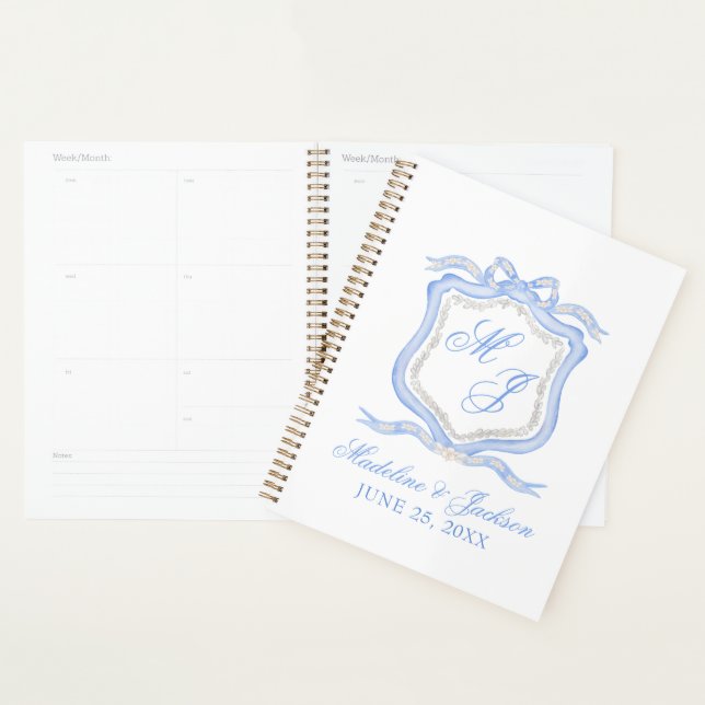 Watercolor Designer Blue Monogram Crest Wedding Planner (Display)