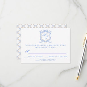 Watercolor Designer Blue Monogram Crest Wedding RSVP Card