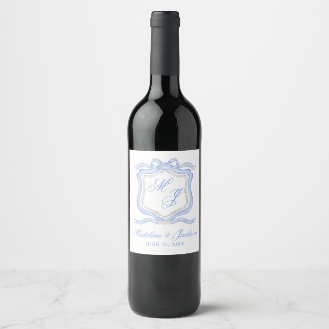 Watercolor Designer Blue Monogram Crest Wine Label (Front)