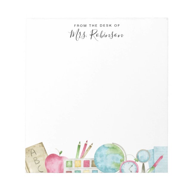 Watercolor Desk of Teacher Back to School Supplies Notepad (Front)