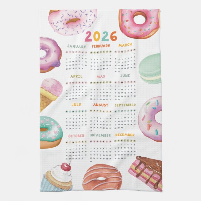 Watercolor Dessert Doughnut 2026 Calendar Kitchen Towel (Vertical)