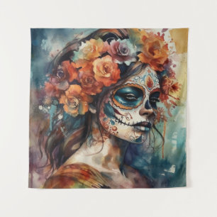 Watercolor Día de los Muertos Catrina Portrait Tapestry