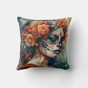 Watercolor Día de los Muertos Catrina Portrait Throw Pillow