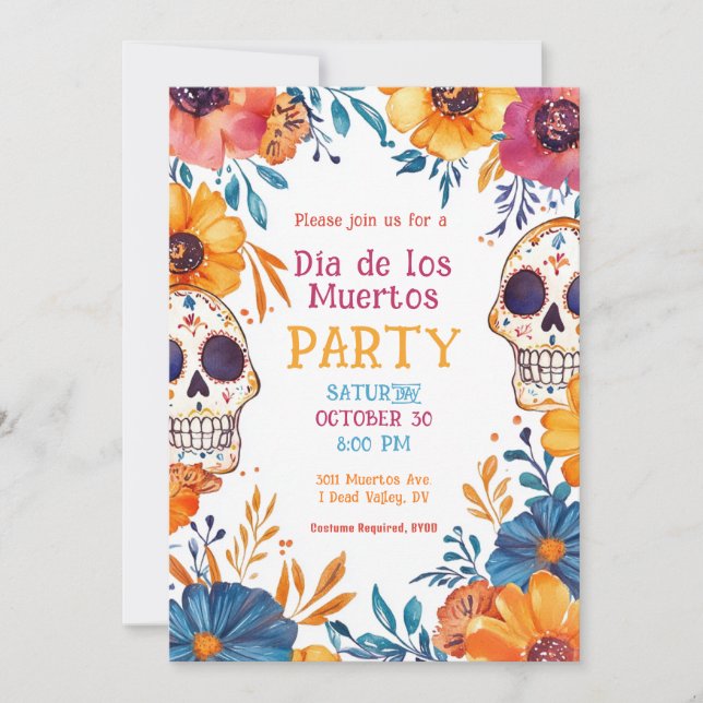 💀 Watercolor Día de Muertos Party Invitation (Front)