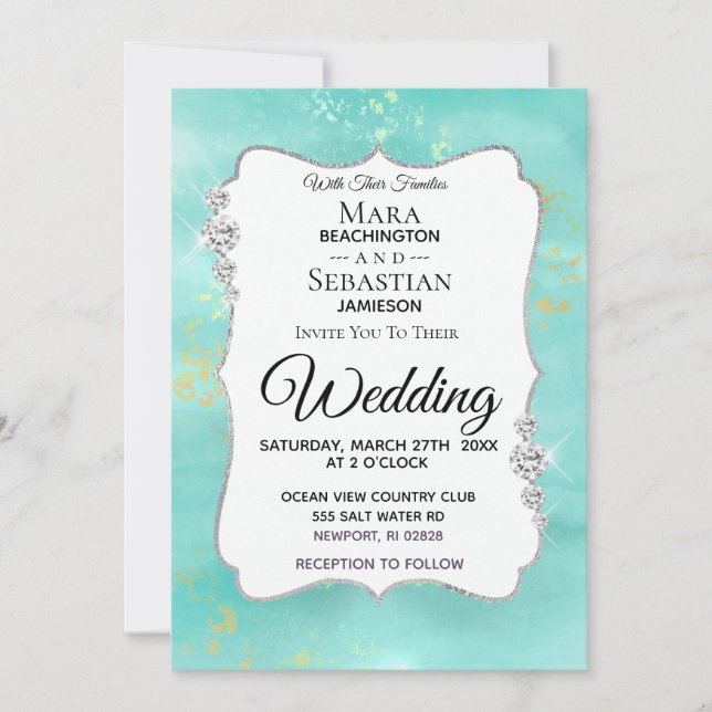 *~* Watercolor Diamond Aqua Glitter  Wedding Invitation (Front)