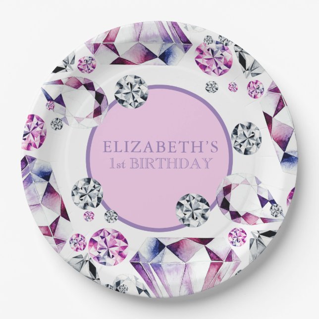 Watercolor Diamond Gem Birthday Party Paper Plates (Front)
