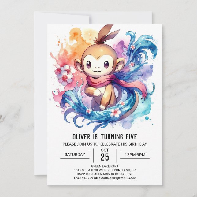 Watercolor Digital Monkey Birthday Invitation (Front)