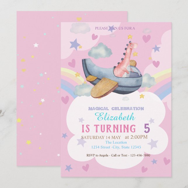 Watercolor Dino Airplane Rainbow Birthday Invitation (Front/Back)