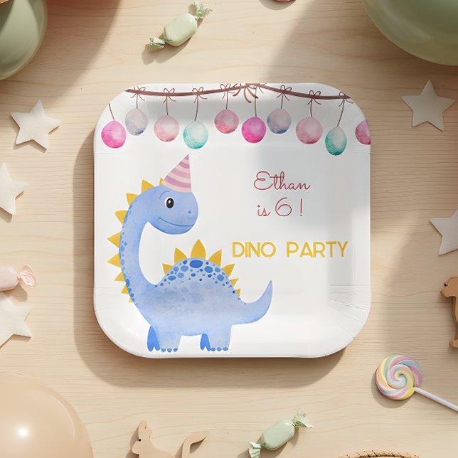 Watercolor Dino and balloons party kids birthday Paper Plate (Creator Uploaded)
