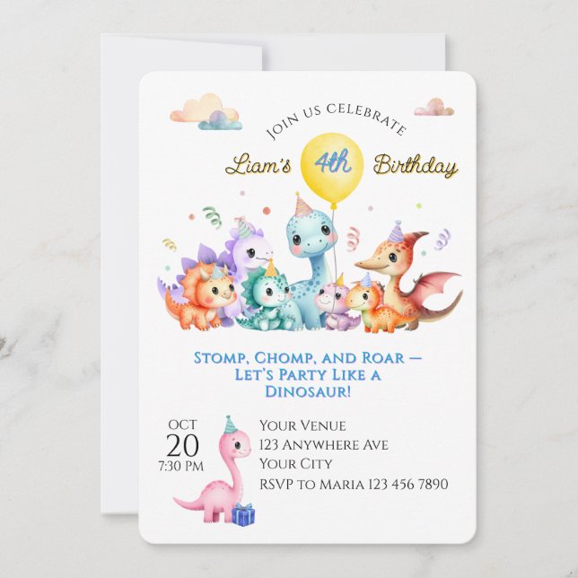 Watercolor Dino Birthday Party Invitation (Front)
