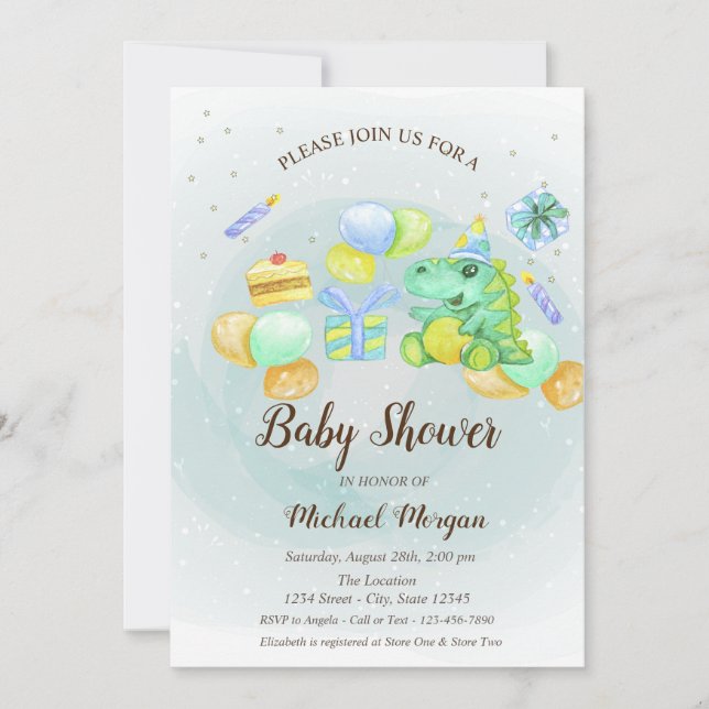 Watercolor Dino,Cake,Presents Invitation (Front)