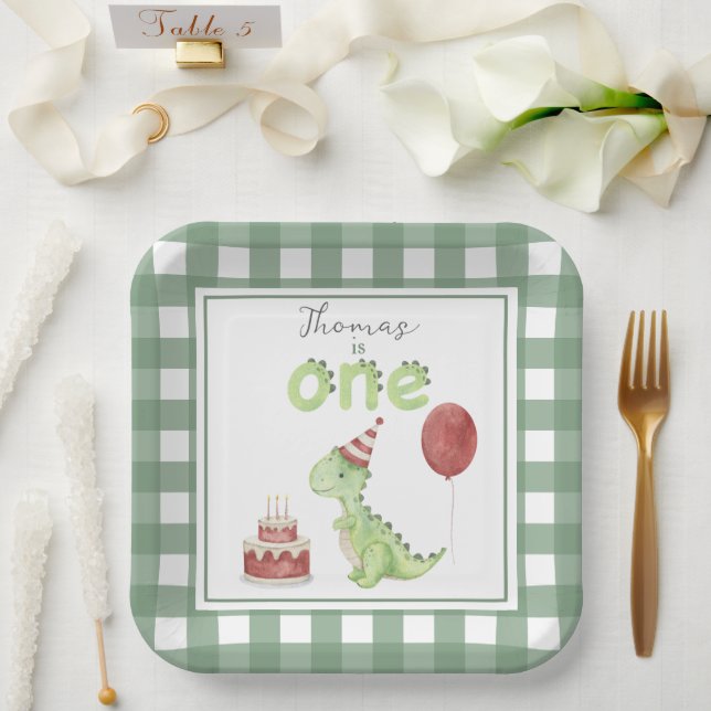 Watercolor Dinosaur 1st birthday Paper Plate (Wedding)