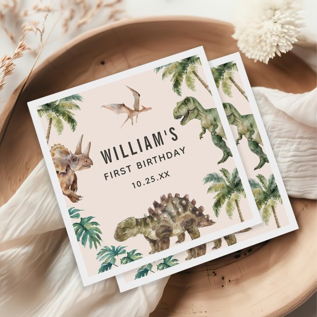 Watercolor Dinosaur 1st Birthday Party Napkin (Creator Uploaded)