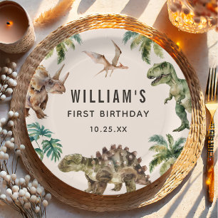 Watercolor Dinosaur 1st Birthday Party Paper Plate