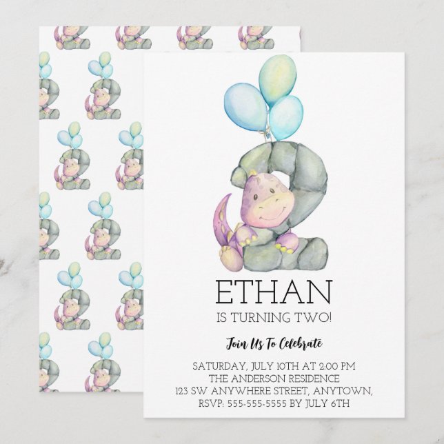 Watercolor Dinosaur 2nd Birthday Party Invitation (Front/Back)