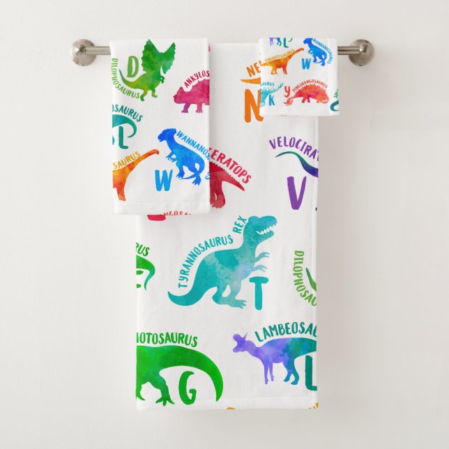 Watercolor Dinosaur Alphabet Colourful Dino Kids Bath Towel Set (Insitu)
