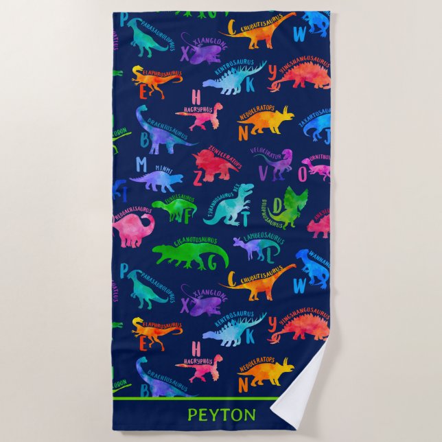 Watercolor Dinosaur Alphabet Colourful Dino Kids Beach Towel (Front)