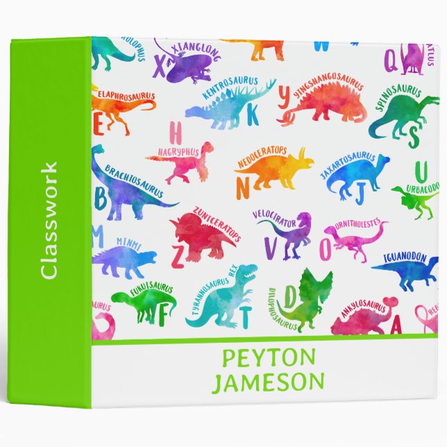 Watercolor Dinosaur Alphabet Colourful Dino Kids Binder (Front/Spine)