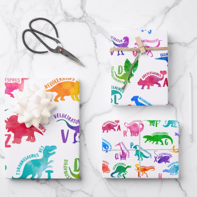Watercolor Dinosaur Alphabet Colourful Dino Kids Wrapping Paper Sheet (Front)