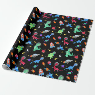 Watercolor Dinosaur Astronauts In Space Birthday Wrapping Paper