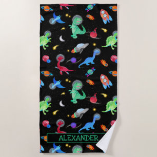 Watercolor Dinosaur Astronauts In Space Black Beach Towel