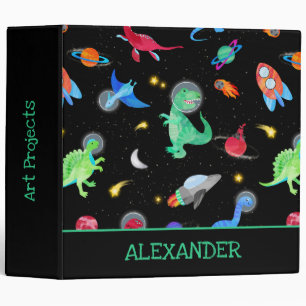 Watercolor Dinosaur Astronauts In Space Black Binder