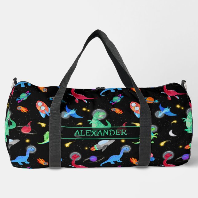 Watercolor Dinosaur Astronauts In Space Black Duffle Bag (Front)