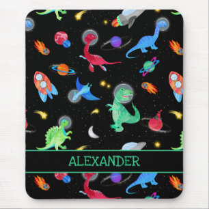 Watercolor Dinosaur Astronauts In Space Black Mouse Pad