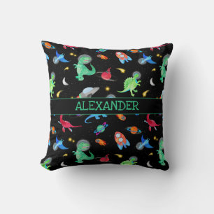Watercolor Dinosaur Astronauts In Space Black Throw Pillow
