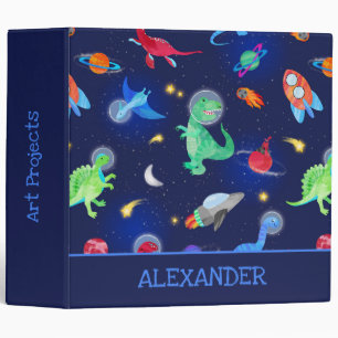 Watercolor Dinosaur Astronauts In Space Blue Binder