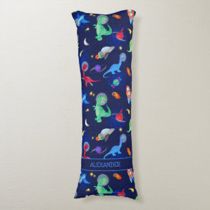 Watercolor Dinosaur Astronauts In Space Blue Body Pillow