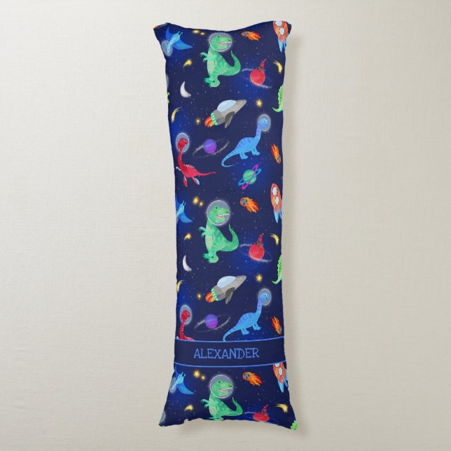 Watercolor Dinosaur Astronauts In Space Blue Body Pillow (Front Vertical)