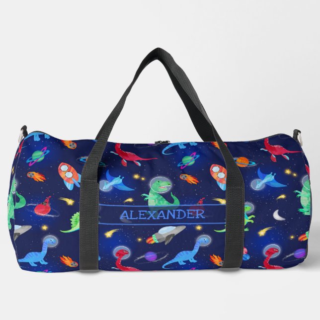 Watercolor Dinosaur Astronauts In Space Blue Duffle Bag (Front)