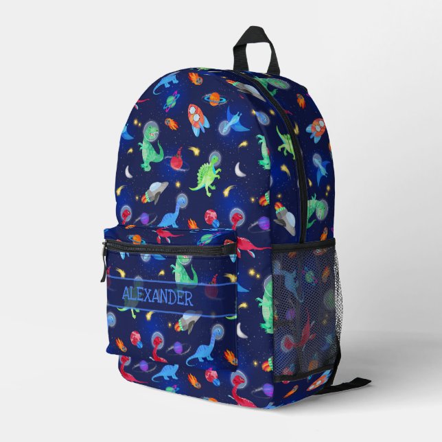 Watercolor Dinosaur Astronauts In Space Blue Printed Backpack (Back Corner Right)