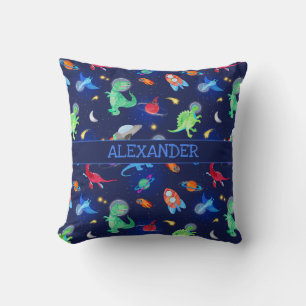 Watercolor Dinosaur Astronauts In Space Blue Throw Pillow