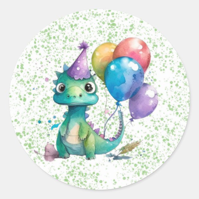 Watercolor Dinosaur Balloons Boy Birthday Party Classic Round Sticker (Front)