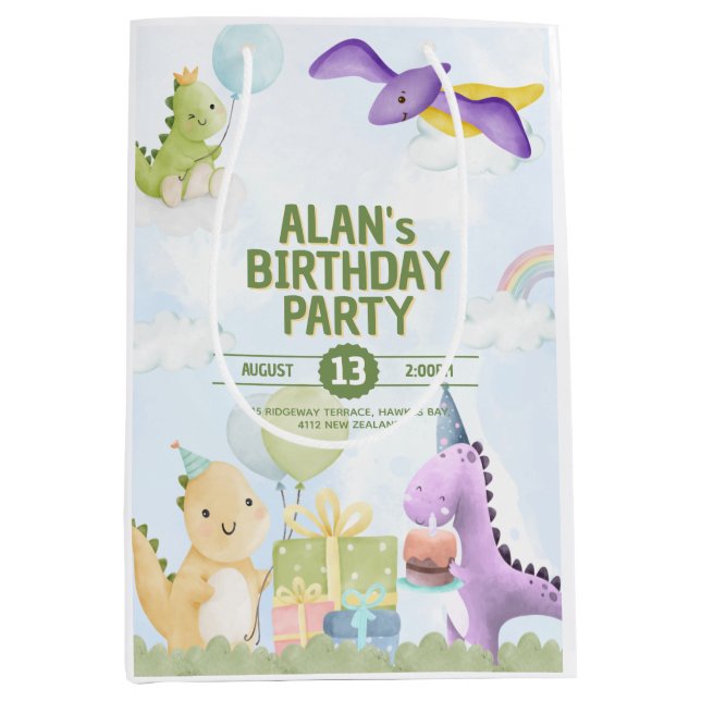 Watercolor Dinosaur Birthday Invites Medium Gift Bag (Front)