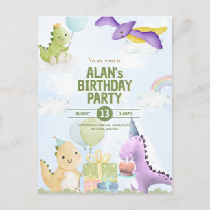 Watercolor Dinosaur Birthday Invites Postcard
