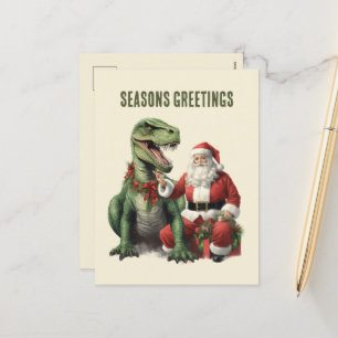 Watercolor dinosaur Christmas Santa Holiday Postcard