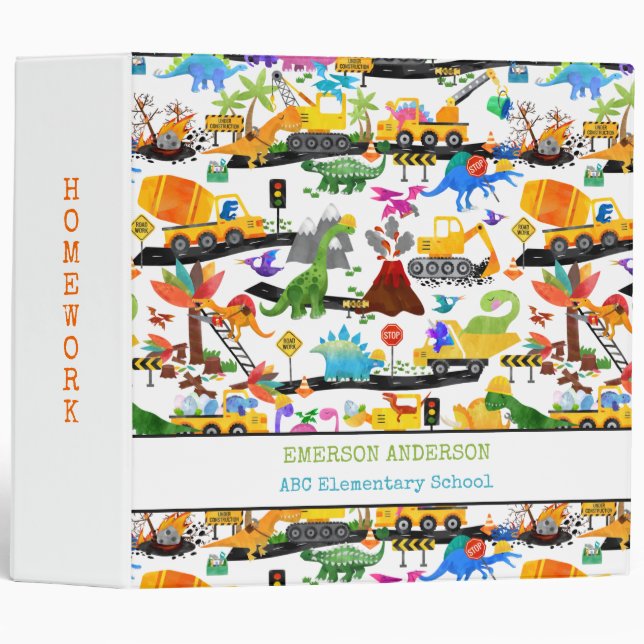 Watercolor Dinosaur Construction Kids Cute Binder (Front/Spine)