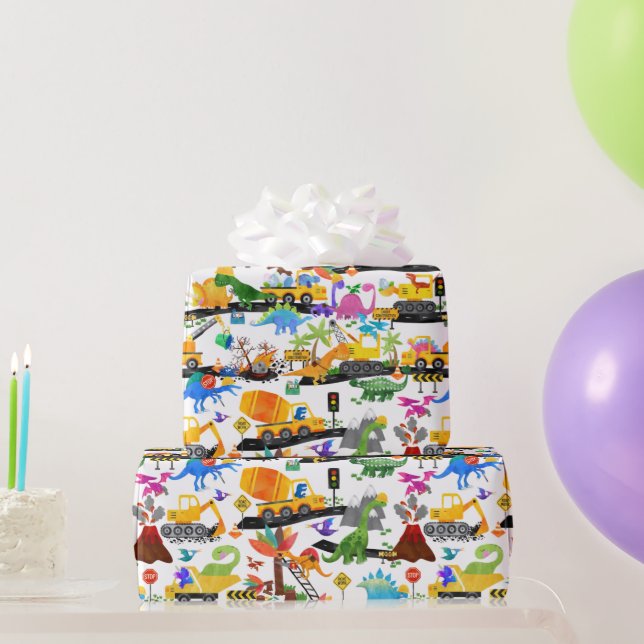 Watercolor Dinosaur Construction Kids Cute Wrapping Paper (Party Gifts)
